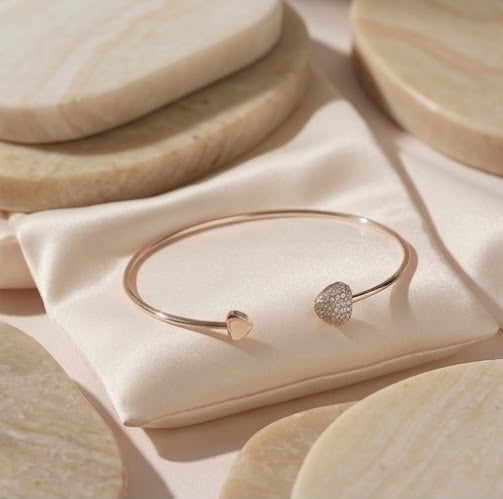 Rose Gold Sparkling Dual-Heart Open Cuff Bangle Bracelet for Women