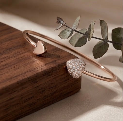 Rose Gold Sparkling Dual-Heart Open Cuff Bangle Bracelet for Women