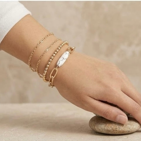 Matte Gold Oval Paperclip Chain Bracelet with Marble Stone Accent