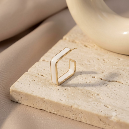 Geometric White Enamel & Gold Hexagon Huggie Earrings