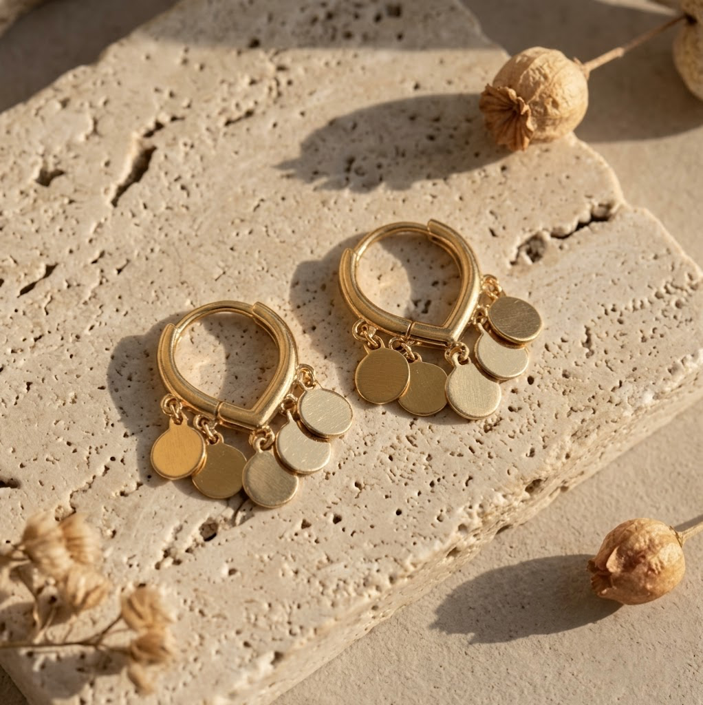 Minimalist Gold Double Disc Huggie Drop Earrings