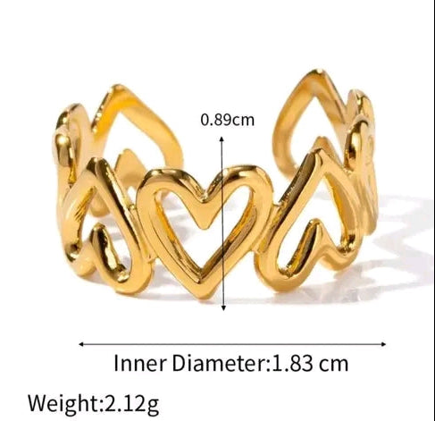 GOLDEN STAINLESS STEEL ANTI-TARNISH RING WITH HEART SHAPES