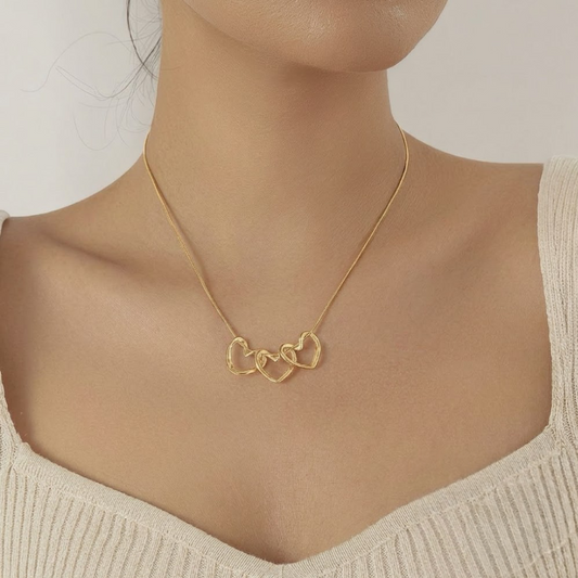 Triple Heart Interlinked Pendant Necklace – Elegant Gold-Tone Love Necklace