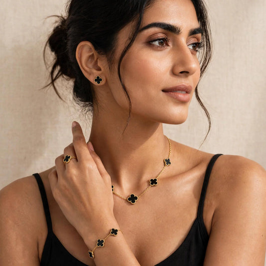 4-Piece Black Onyx Clover Jewelry Set (Necklace, Bracelet, Earrings & Ring)