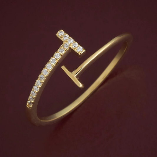 Gold-Plated Minimalist Double T Open Band Ring with Cubic Zirconia