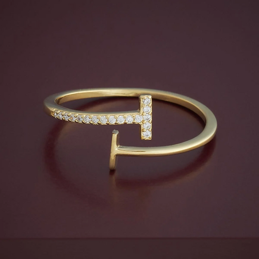 Gold-Plated Minimalist Double T Open Band Ring with Cubic Zirconia