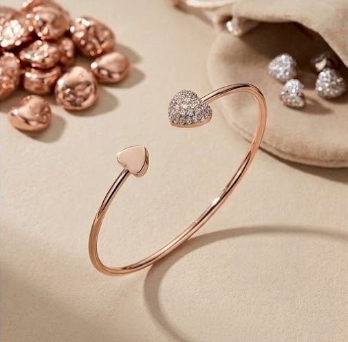 Rose Gold Sparkling Dual-Heart Open Cuff Bangle Bracelet for Women