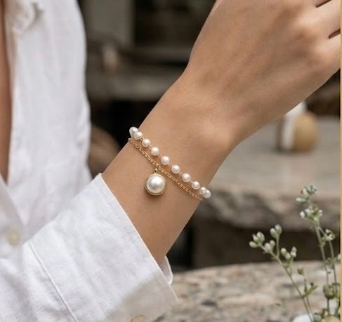 Minimalist Double-Chain Pearl Pendant Bracelet