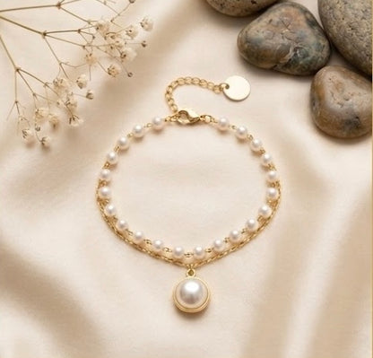 Minimalist Double-Chain Pearl Pendant Bracelet