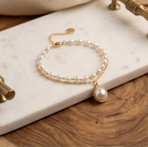 Minimalist Double-Chain Pearl Pendant Bracelet