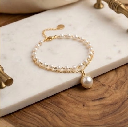 Minimalist Double-Chain Pearl Pendant Bracelet