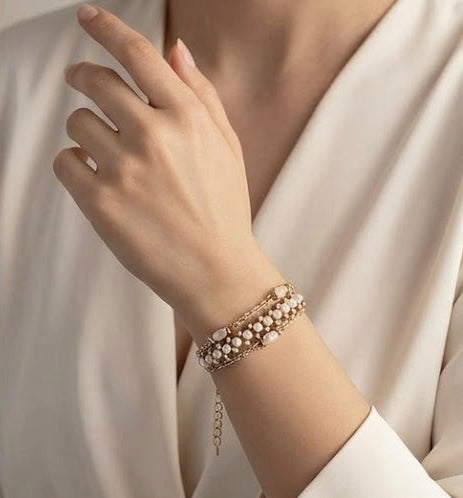 Celestia Layered Pearl & Gold Chain Statement Bracelet