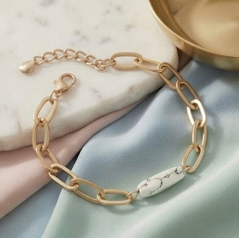 Matte Gold Oval Paperclip Chain Bracelet with Marble Stone Accent