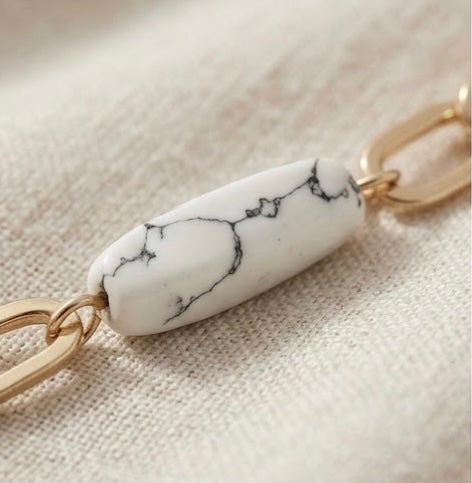 Matte Gold Oval Paperclip Chain Bracelet with Marble Stone Accent