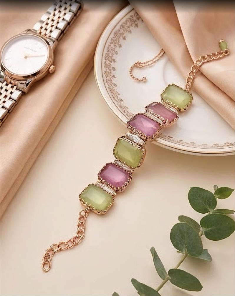 Pastel Geometric Gemstone Link Bracelet in Gold Tone