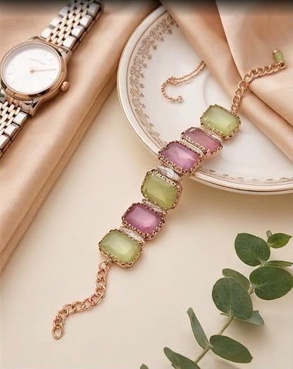 Pastel Geometric Gemstone Link Bracelet in Gold Tone