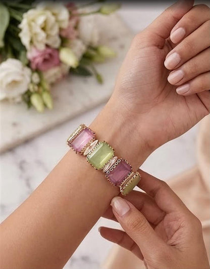 Pastel Geometric Gemstone Link Bracelet in Gold Tone