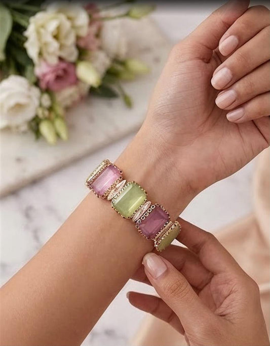 Pastel Geometric Gemstone Link Bracelet in Gold Tone