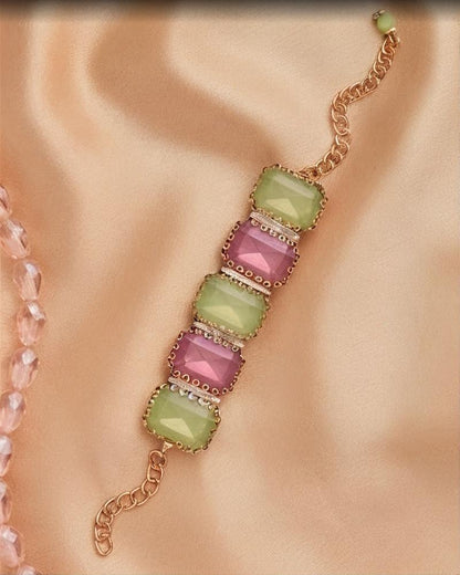 Pastel Geometric Gemstone Link Bracelet in Gold Tone
