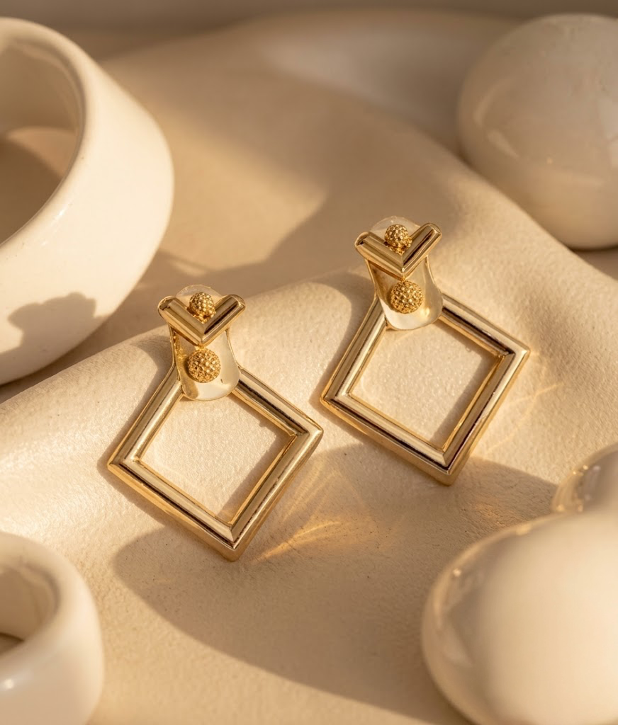 Gold-Plated Geometric Front-Back Stud Earrings