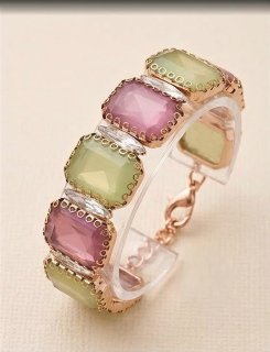 Pastel Geometric Gemstone Link Bracelet in Gold Tone
