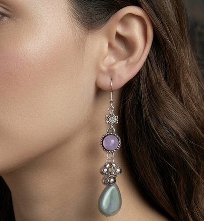 Boho Silver-Toned Pastel Purple & Teardrop Dangle Earrings