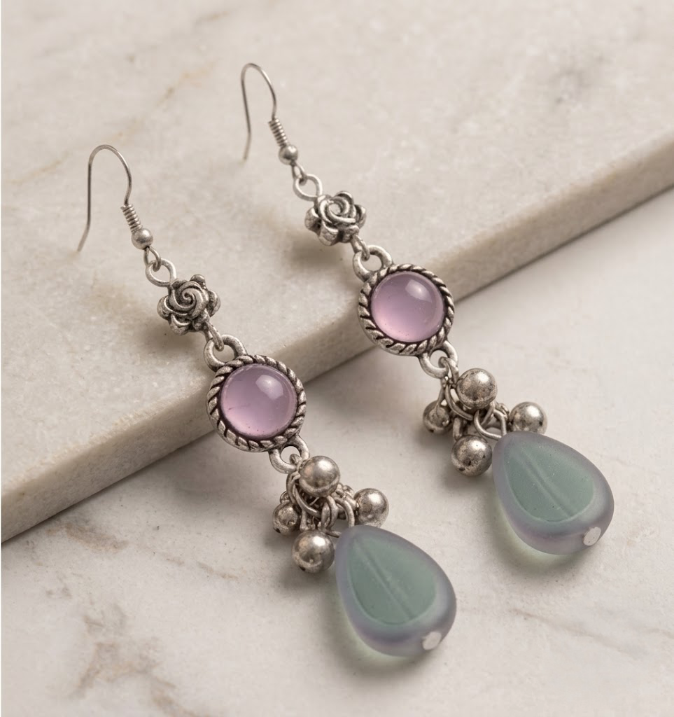 Boho Silver-Toned Pastel Purple & Teardrop Dangle Earrings
