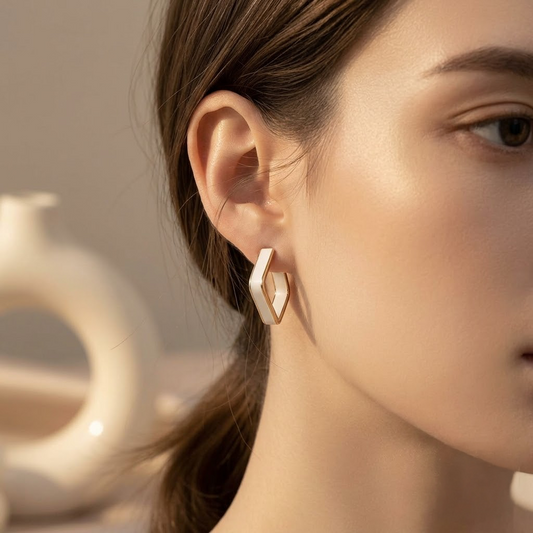Geometric White Enamel & Gold Hexagon Huggie Earrings