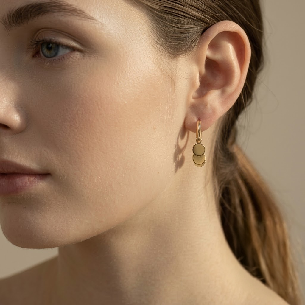 Minimalist Gold Double Disc Huggie Drop Earrings