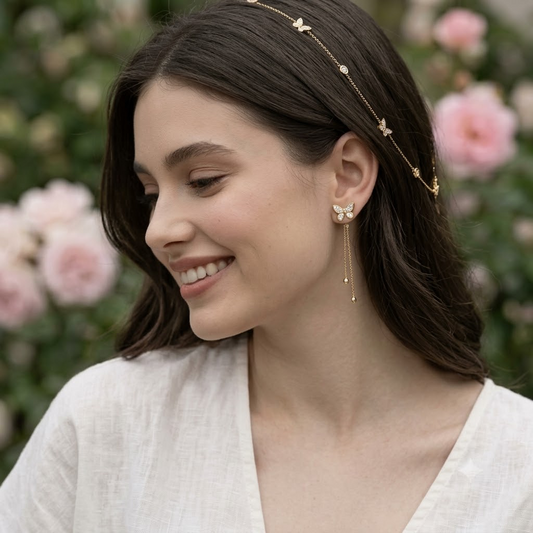Gold-Plated Sparkling Butterfly Dangle Earrings with Delicate Drop Chains