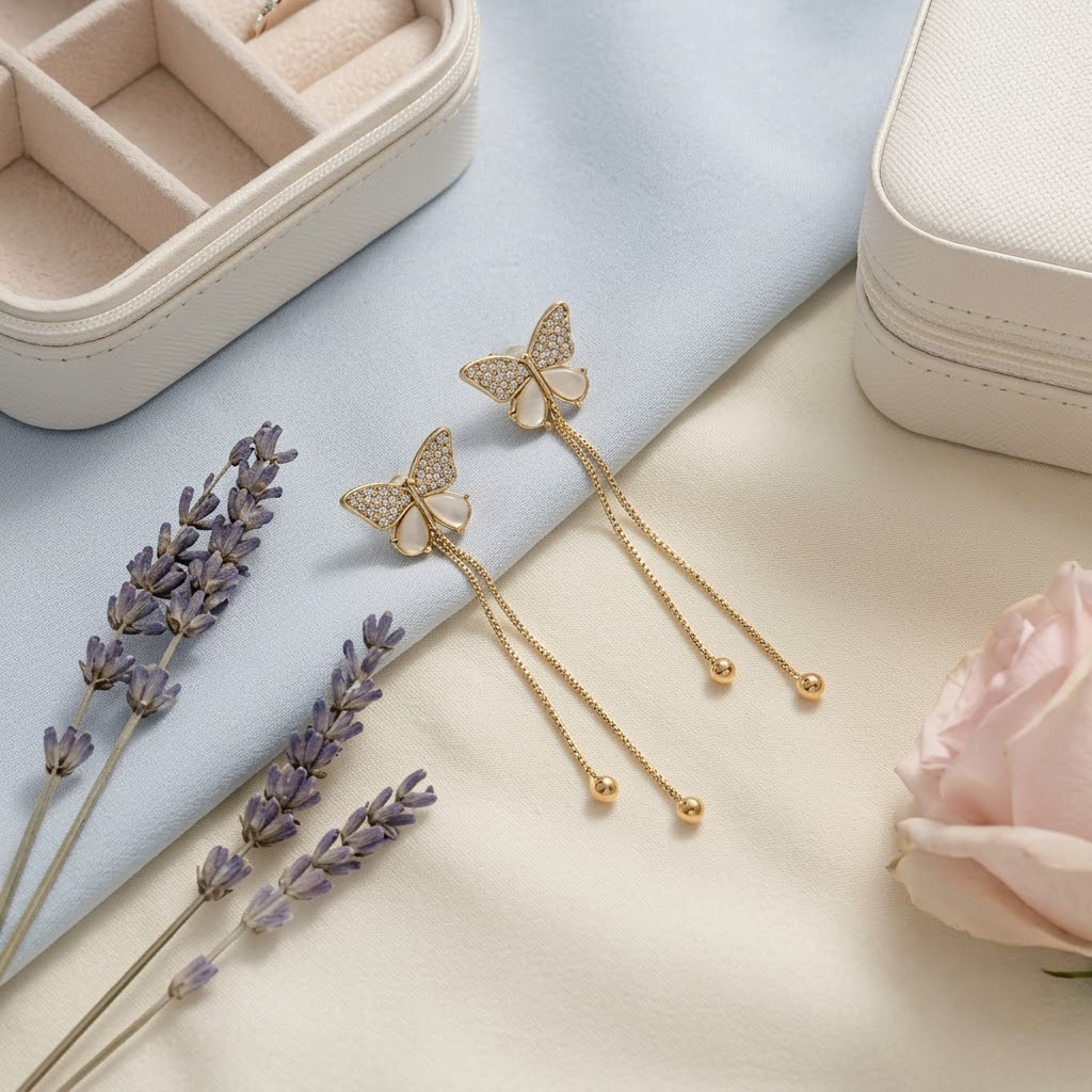 Gold-Plated Sparkling Butterfly Dangle Earrings with Delicate Drop Chains