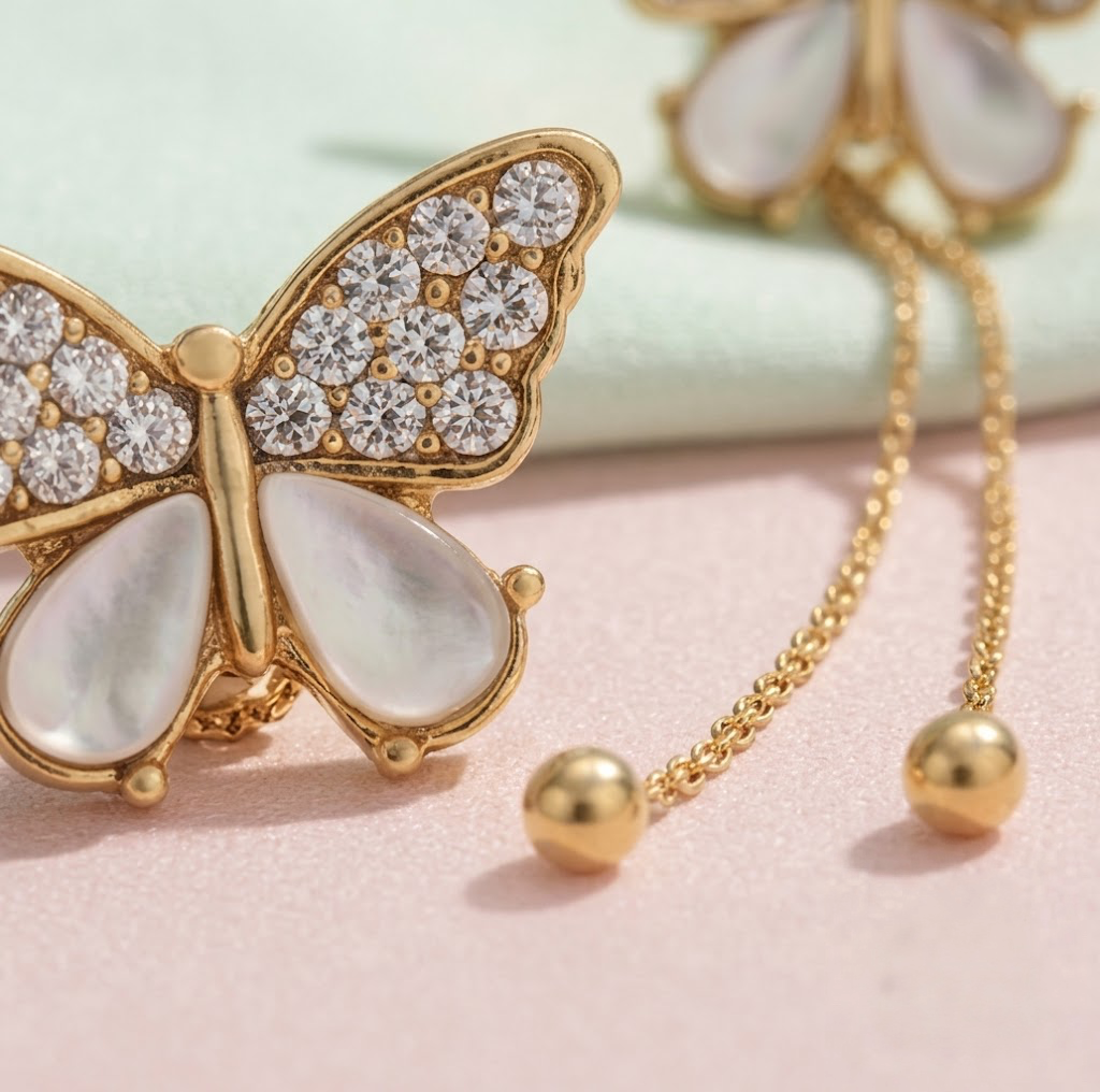 Gold-Plated Sparkling Butterfly Dangle Earrings with Delicate Drop Chains