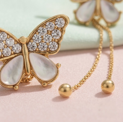 Gold-Plated Sparkling Butterfly Dangle Earrings with Delicate Drop Chains