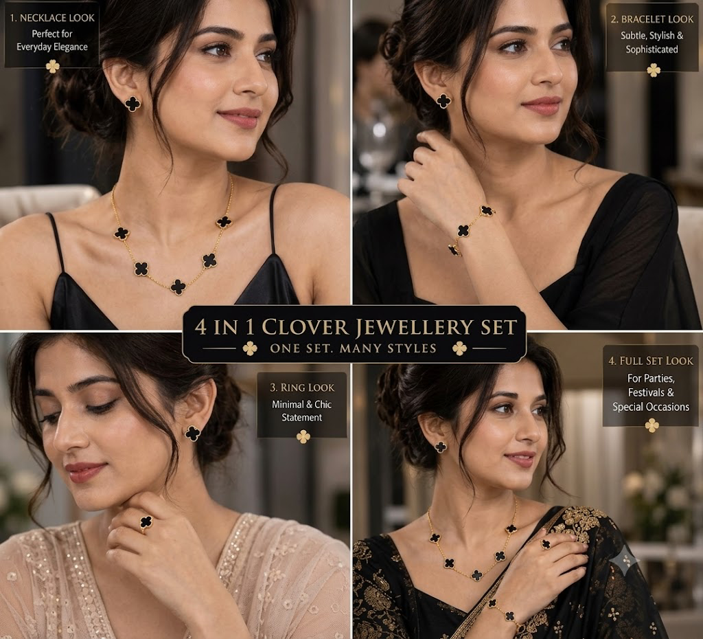 4-Piece Black Onyx Clover Jewelry Set (Necklace, Bracelet, Earrings & Ring)