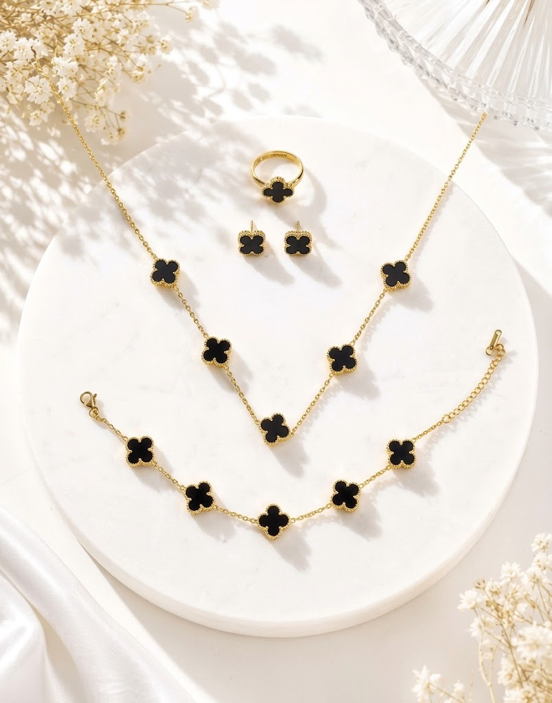 4-Piece Black Onyx Clover Jewelry Set (Necklace, Bracelet, Earrings & Ring)