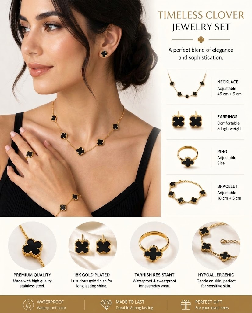 4-Piece Black Onyx Clover Jewelry Set (Necklace, Bracelet, Earrings & Ring)
