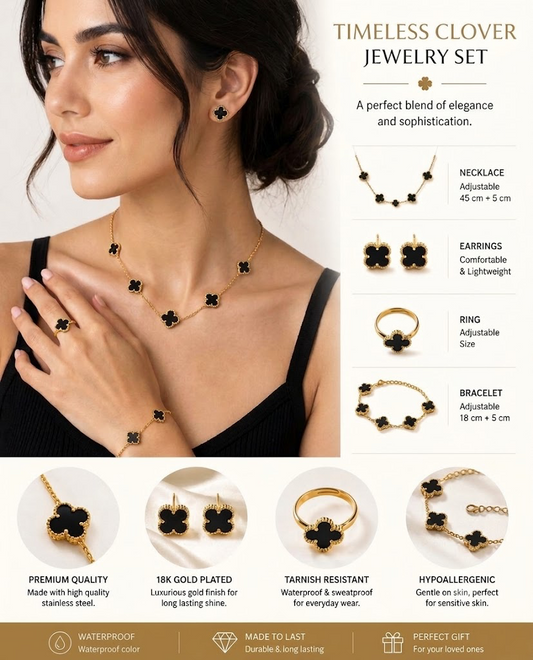 4-Piece Black Onyx Clover Jewelry Set (Necklace, Bracelet, Earrings & Ring)