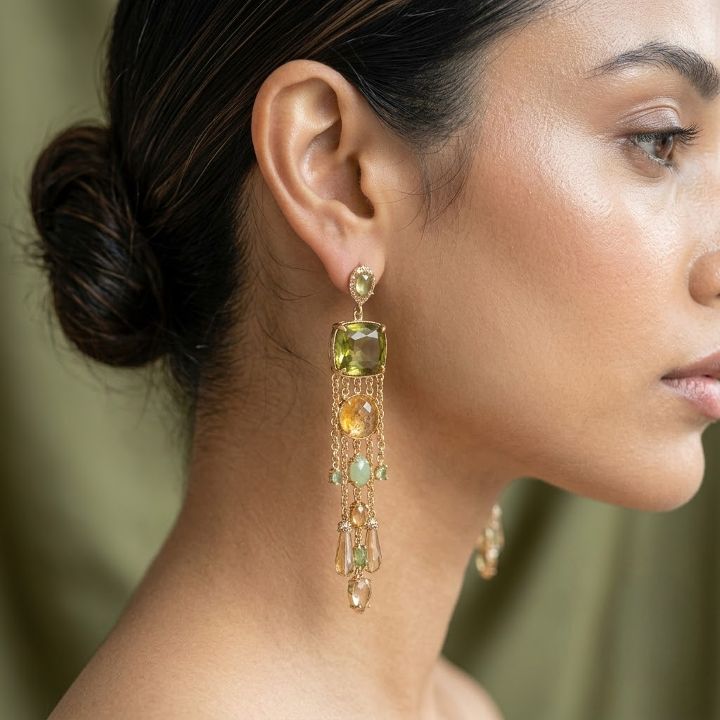 Rose Gold-Plated Olive Green & Peach Tassel Dangle Earrings