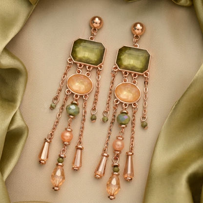 Rose Gold-Plated Olive Green & Peach Tassel Dangle Earrings