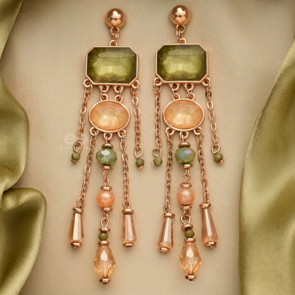 Rose Gold-Plated Olive Green & Peach Tassel Dangle Earrings