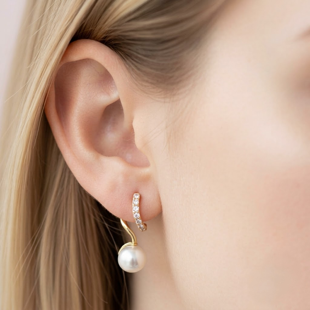 Gold-Plated CZ Pavé Huggie Hoop and Pearl Drop Earrings