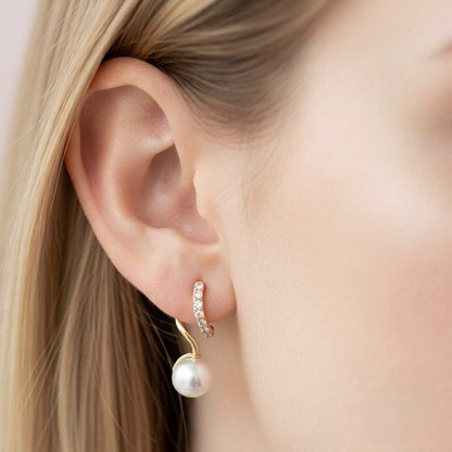 Gold-Plated CZ Pavé Huggie Hoop and Pearl Drop Earrings