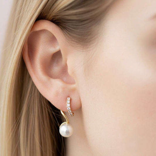 Gold-Plated CZ Pavé Huggie Hoop and Pearl Drop Earrings