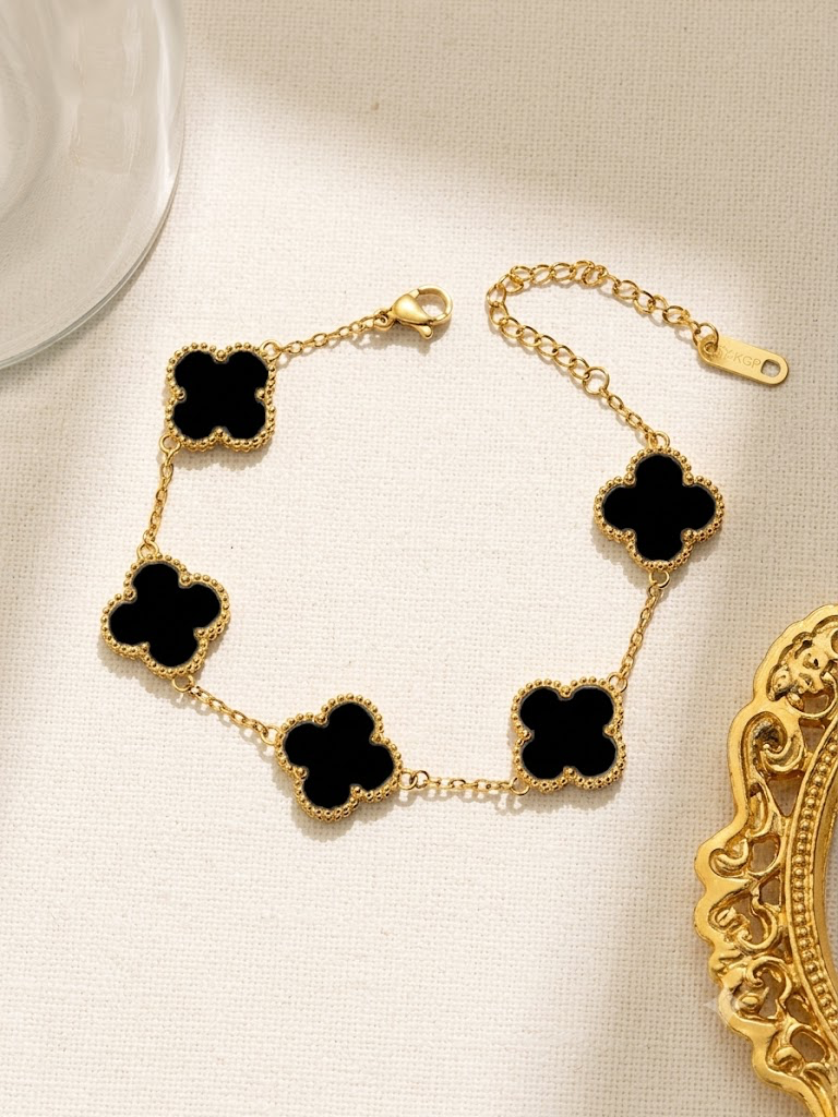 Viral Black Bracelet | Gold Plated Black Anti Tarnish Clover Bracelet
