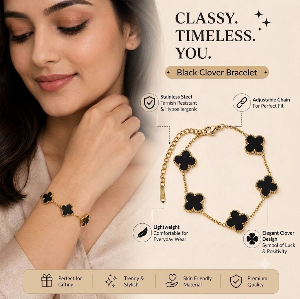 Viral Black Bracelet | Gold Plated Black Anti Tarnish Clover Bracelet