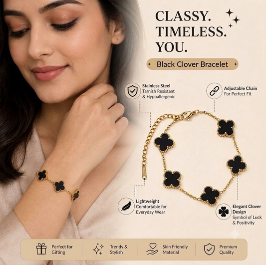 Viral Black Bracelet | Gold Plated Black Anti Tarnish Clover Bracelet