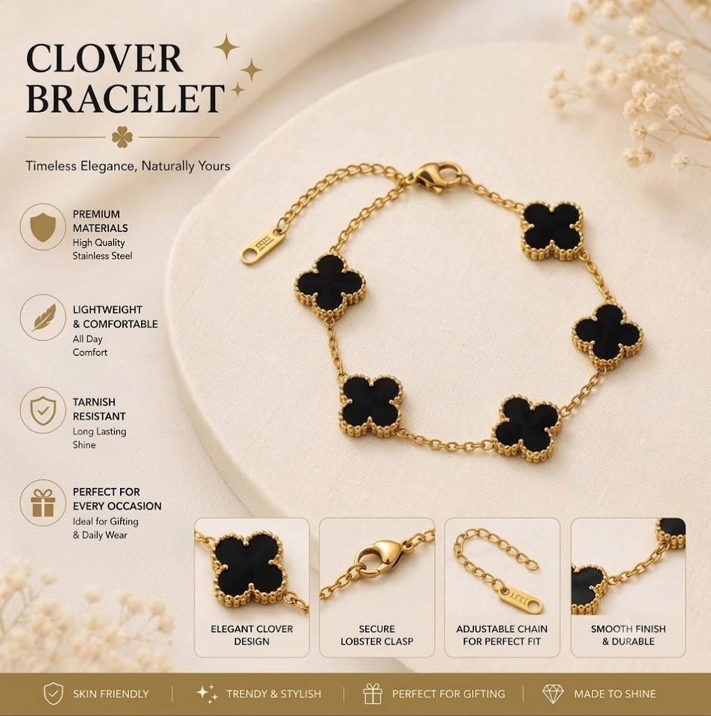 Viral Black Bracelet | Gold Plated Black Anti Tarnish Clover Bracelet