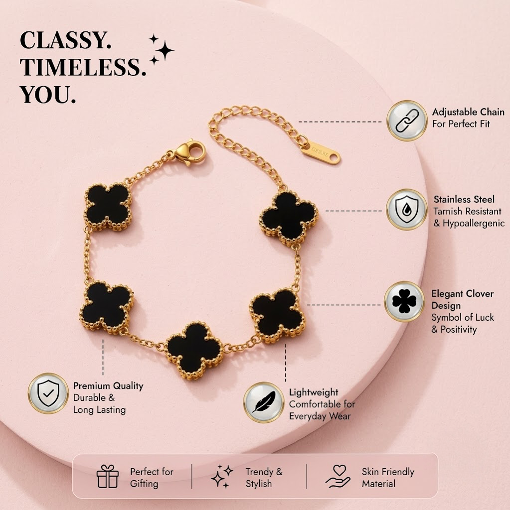 Viral Black Bracelet | Gold Plated Black Anti Tarnish Clover Bracelet