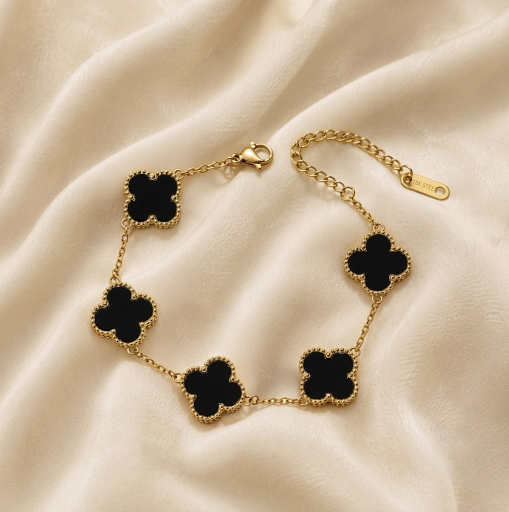 Viral Black Bracelet | Gold Plated Black Anti Tarnish Clover Bracelet